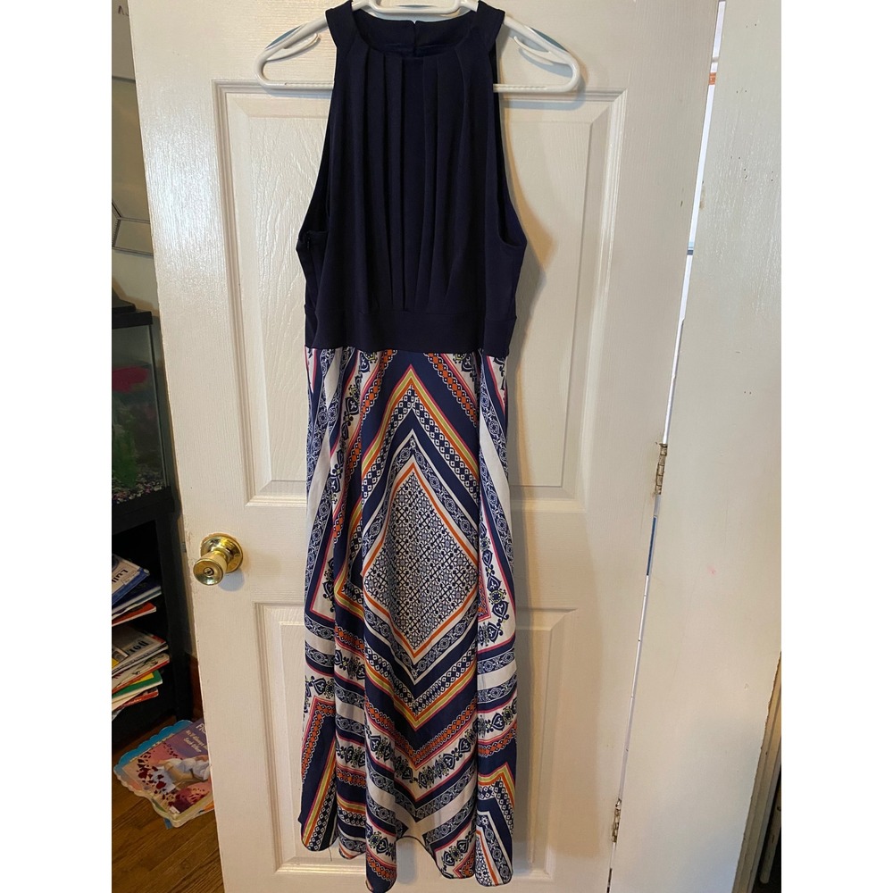 Navy Blue Halter Maxi Dress Geometric Print Pleated Neck XL